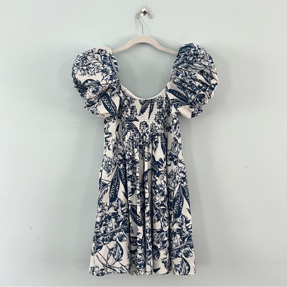 Abercrombie & Fitch Ruched Puff Sleeve Navy Floral Poplin White Babydoll Dress - Picture 5 of 7